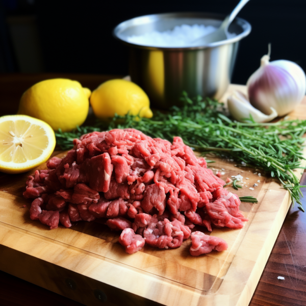 A cutting board with ground lamb (1lb), lemons, and herbs.