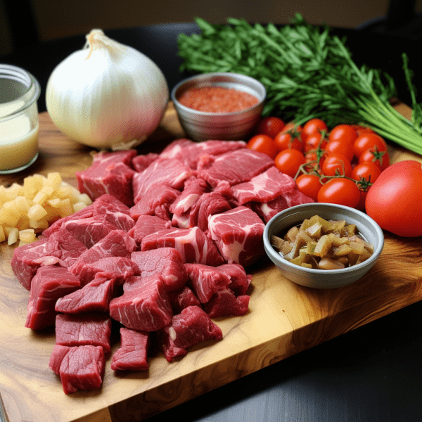 A cutting board with trimmings of Special Trim Stew Meat (1lb), tomatoes, onions and other ingredients.