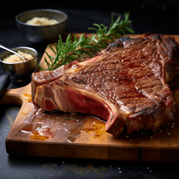 A succulent T-Bone Steak on a rustic wooden cutting board. Order Steaks Online Now