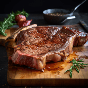 A T-Bone Steak (1lb) on a cutting board with herbs and spices.