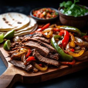 Sliced Fajita on a cutting board with peppers and tortillas.