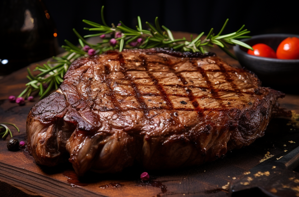 A delicious ribeye steak sizzling on a wooden cutting board.
