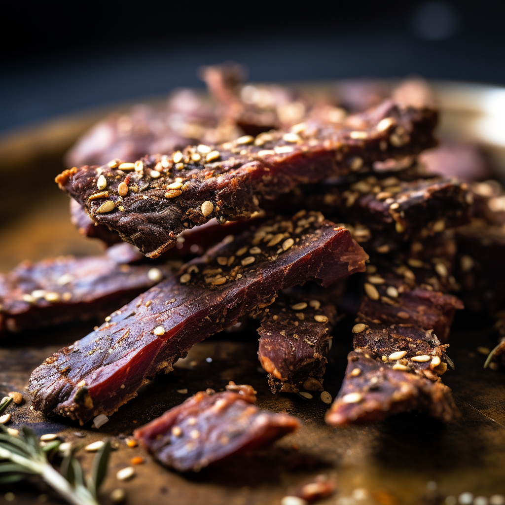 Biltong, a traditional dried meat delicacy, served on a plate with sesame seeds sprinkled on top.