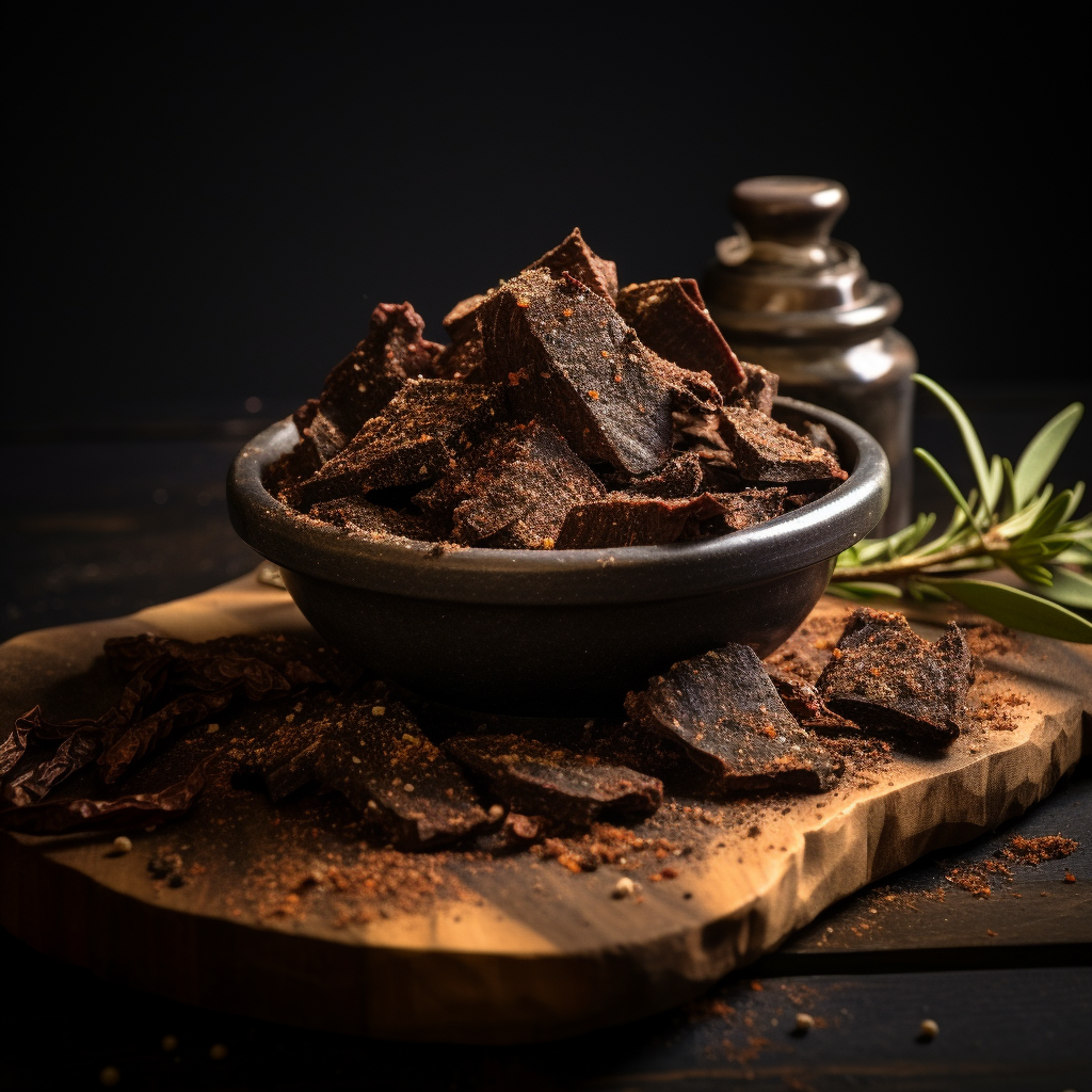 A bowl of beef jerky, also known as biltong, on a wooden cutting board.