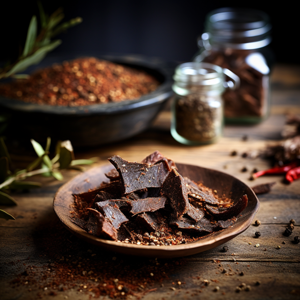 A bowl of biltong, with origins connected to traditions and biltong, sits on a wooden table, enhanced by a mix of spices.