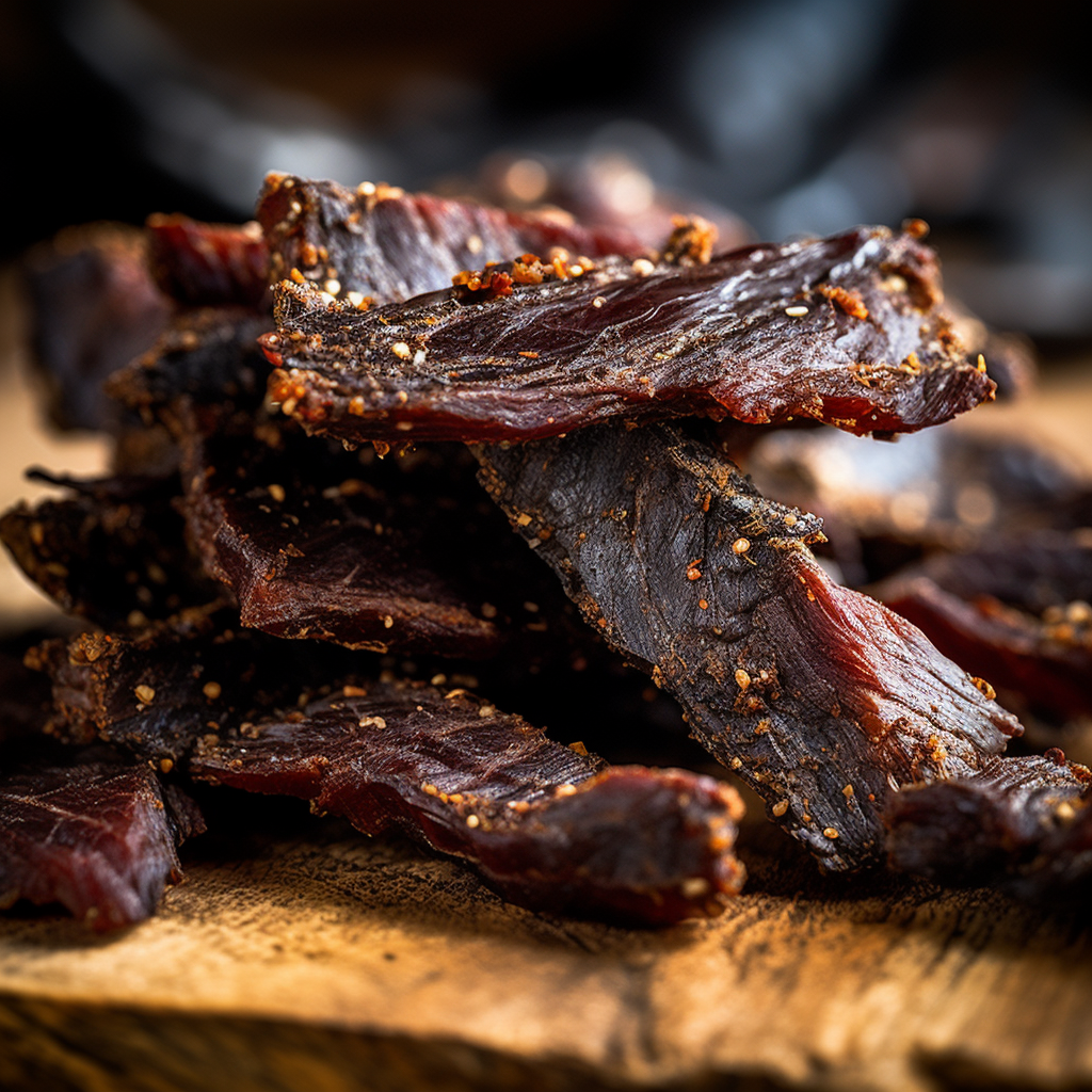 A pile of biltong, a traditional beef jerky, on a wooden board.