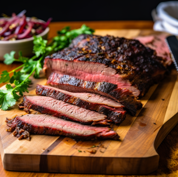 A piece of beef brisket on a wooden cutting board. Buy online.