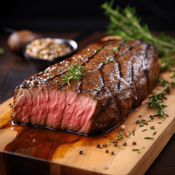 Medium-rare striploin steak seasoned with herbs and spices on a wooden cutting board.