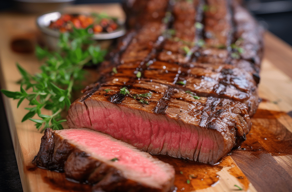 Easy 3 Step Guide to Cook Striploin Steak: Sliced medium-rare steak on a wooden cutting board with garnish.