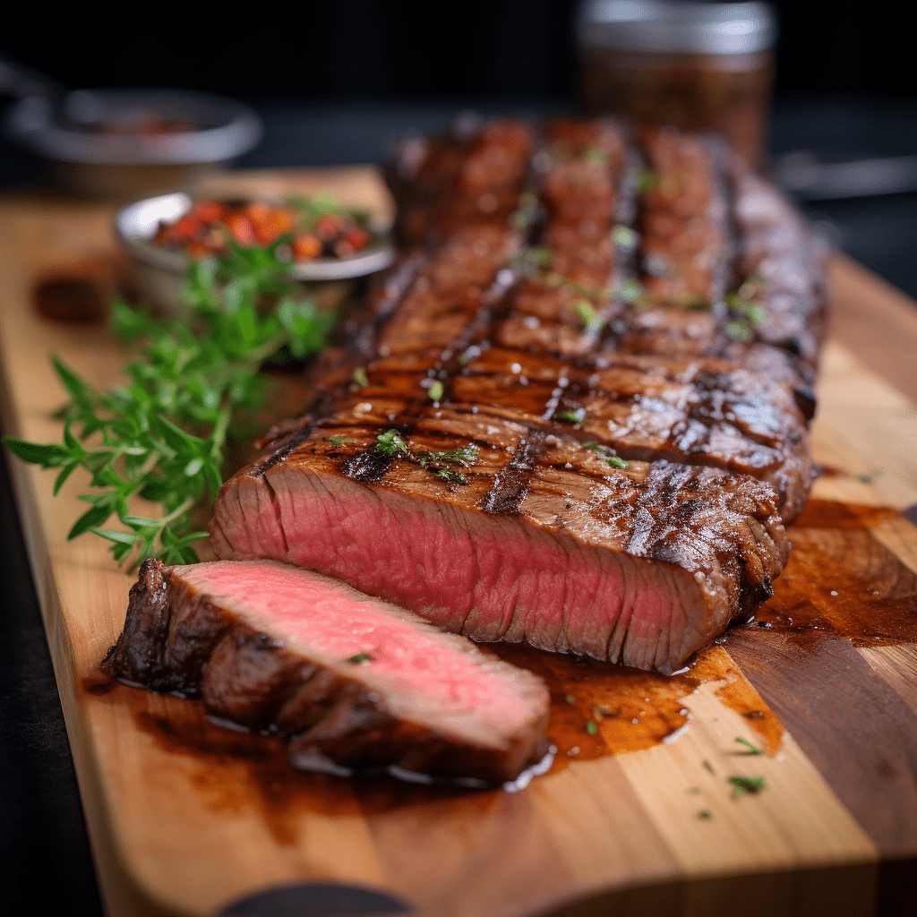 Sliced medium-rare striploin steak on a wooden board garnished with herbs.