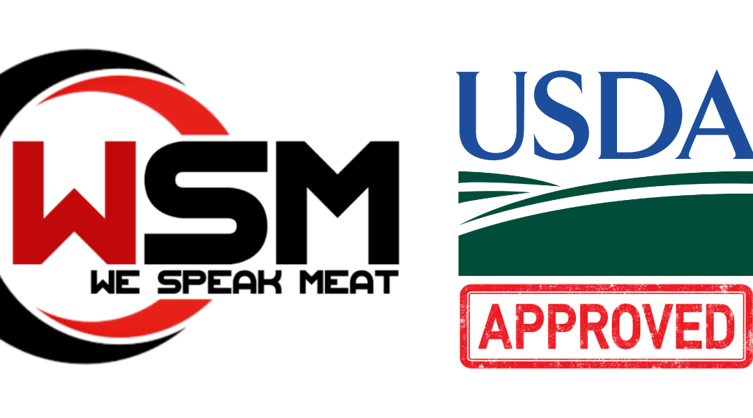 Two logos side by side, the left featuring "wsm we speak meat" and the right displaying "usda" with a "New Standard Approved" stamp underneath.