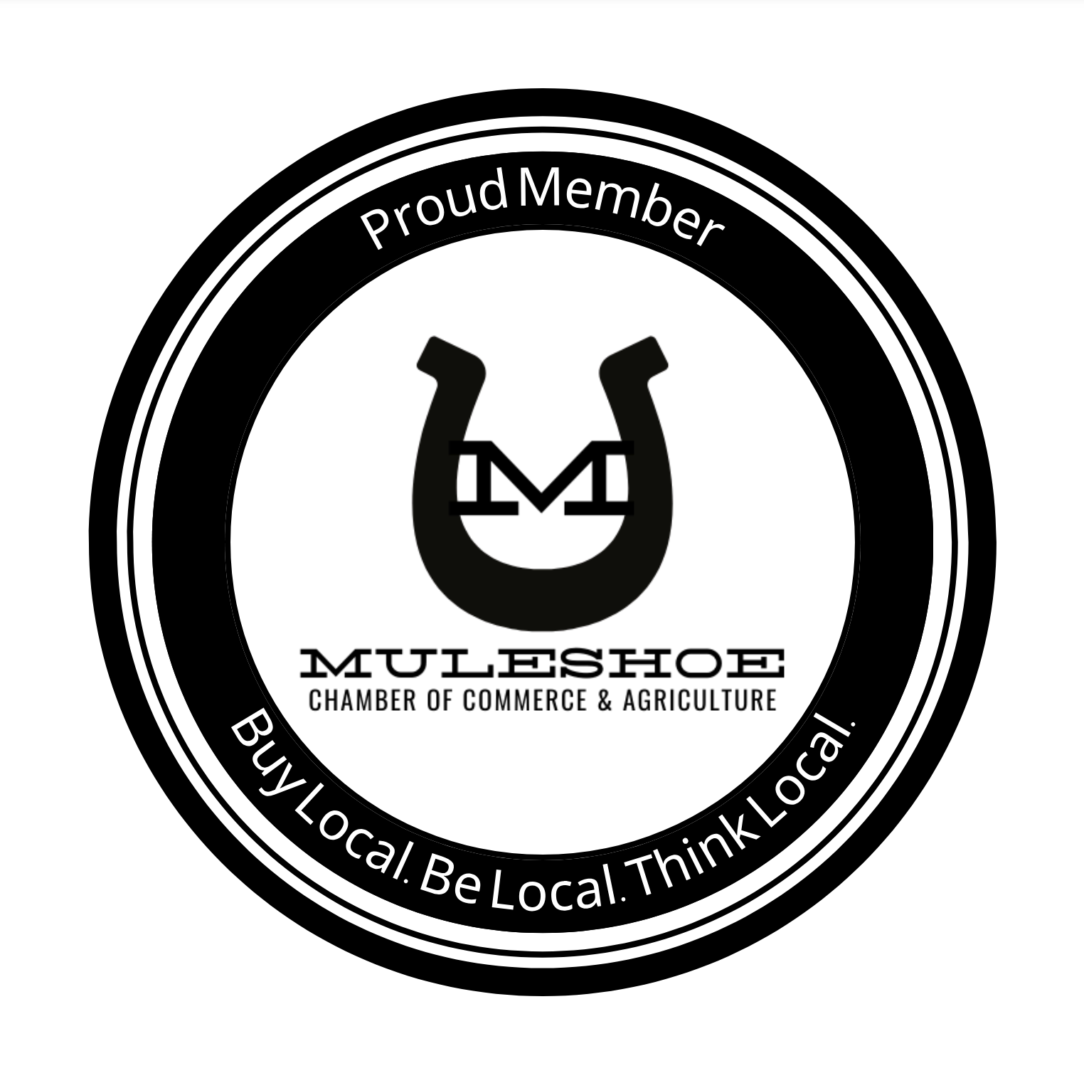 Logo of the muleshoe chamber of commerce and agriculture featuring a horseshoe symbol and the slogans "buy local. be local. think local.