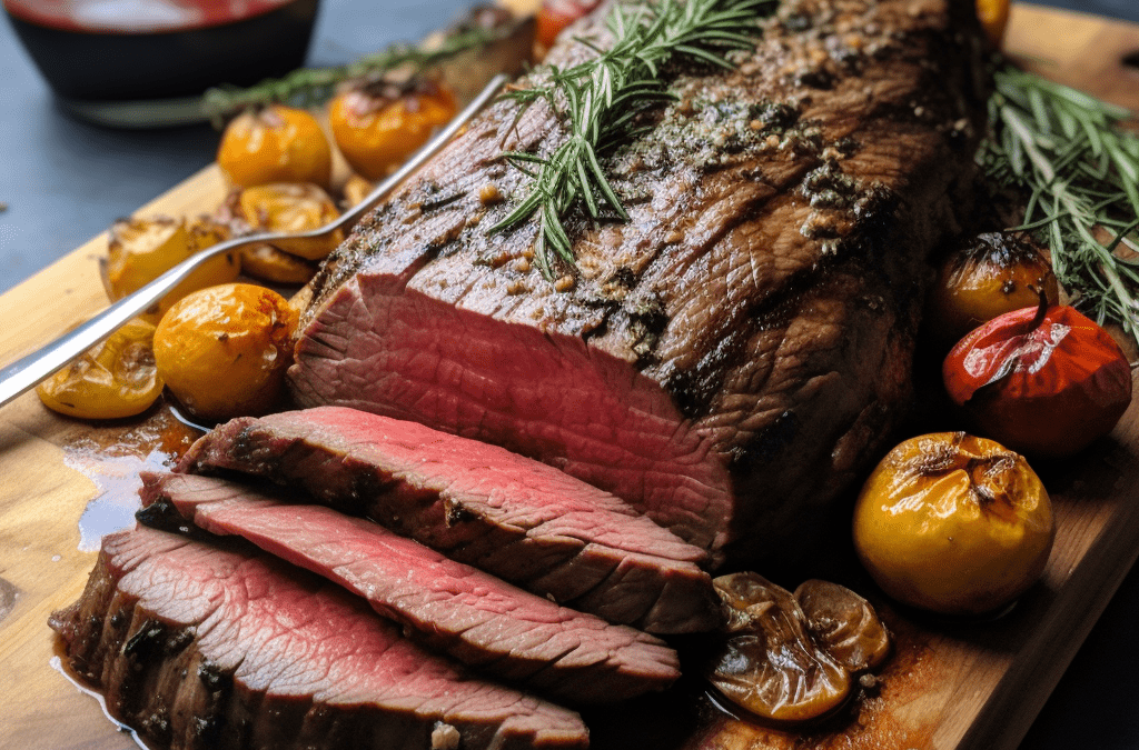 A sliced, medium-rare rump roast garnished with sprigs of rosemary, accompanied by roasted cherry tomatoes and lemon halves, displayed on a wooden cutting board—truly the best recipe for any cooking enthusiast.