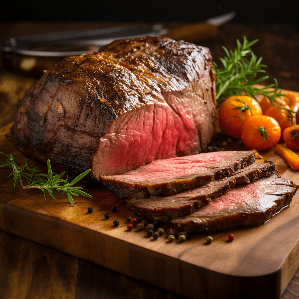 A roasted beef joint on a wooden cutting board, partially sliced to reveal a pink interior. Garnished with rosemary, cherry tomatoes, and peppercorns, this dish is the answer to your quest for the best rump roast recipe ever.