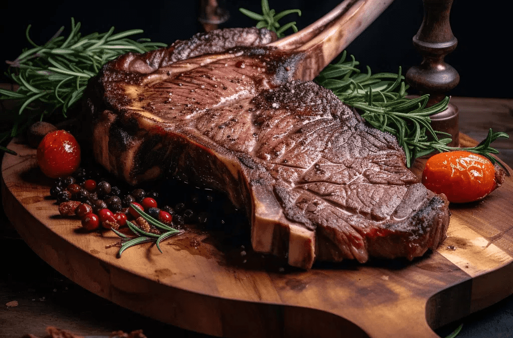 Grilled Tomahawk steak on a wooden cutting board, garnished with herbs, tomatoes, and peppercorns, showcasing the perfect way to cook beef steak.