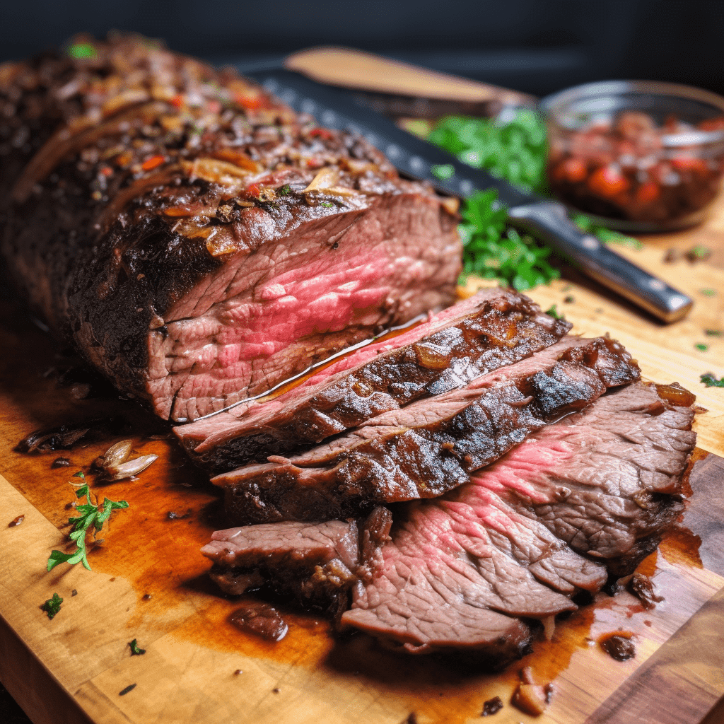 A sliced, medium-cooked chuck roast with glazed onions on a wooden cutting board, with chopped parsley and tomatoes in the background.