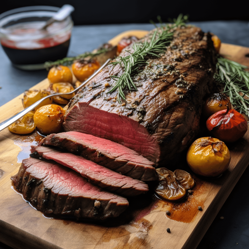 Sliced rump roast garnished with rosemary and served with roasted cherry tomatoes on a wooden cutting board, accompanied by a small bowl of dipping sauce.