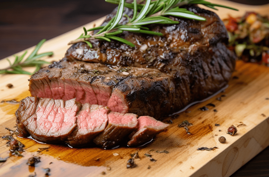 A sliced medium-rare steak, expertly cooked meat garnished with sprigs of rosemary, sits on a wooden cutting board next to a small portion of chopped vegetables.