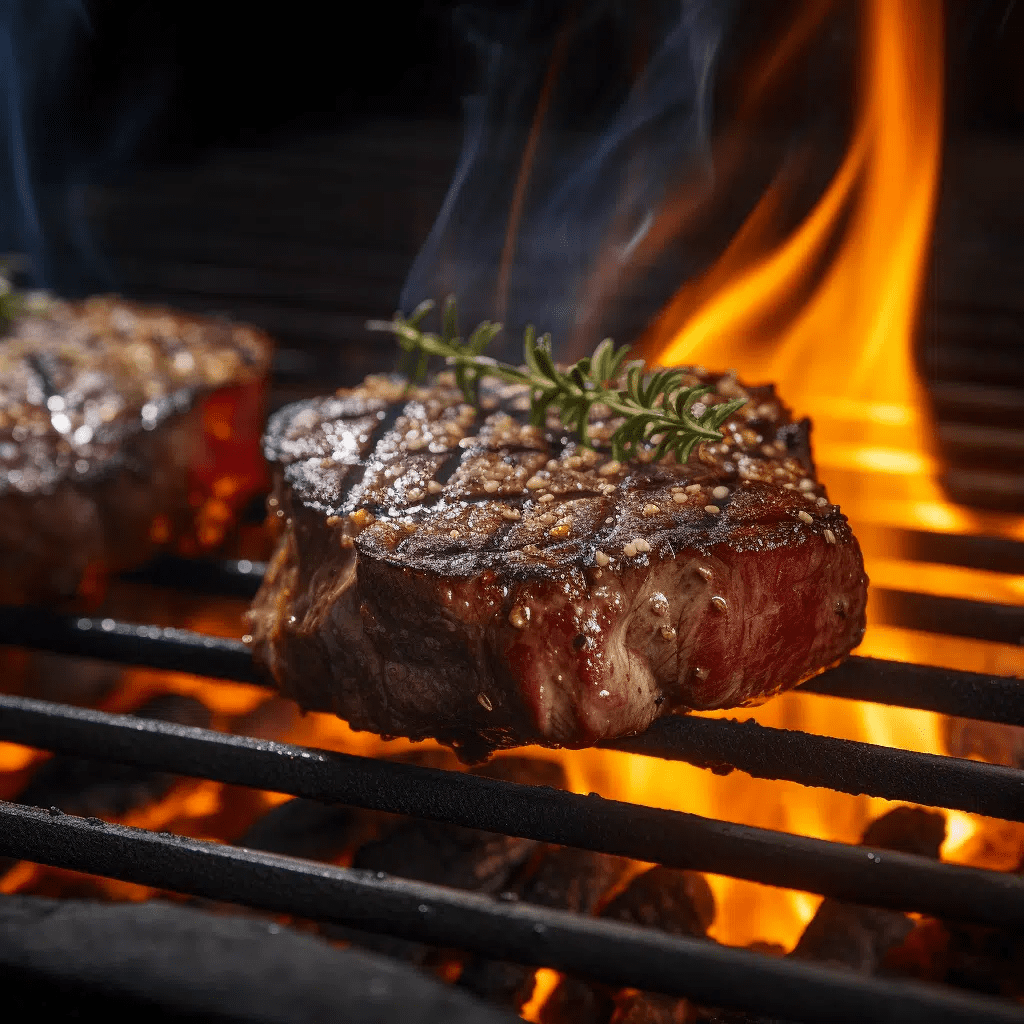 Two steaks sizzling on a grill, topped with rosemary, with flames and smoke rising in the background—truly a scene from a Shopper’s Guide to Premium Quality Meat.