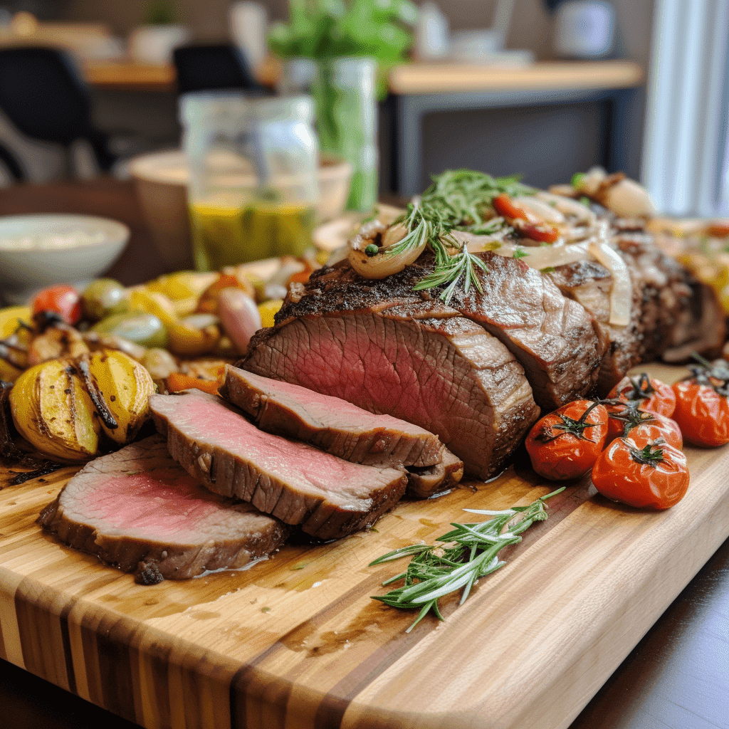 Sliced roast beef of premium quality meat rests on a wooden board, garnished with cherry tomatoes and fresh herbs, surrounded by roasted vegetables.