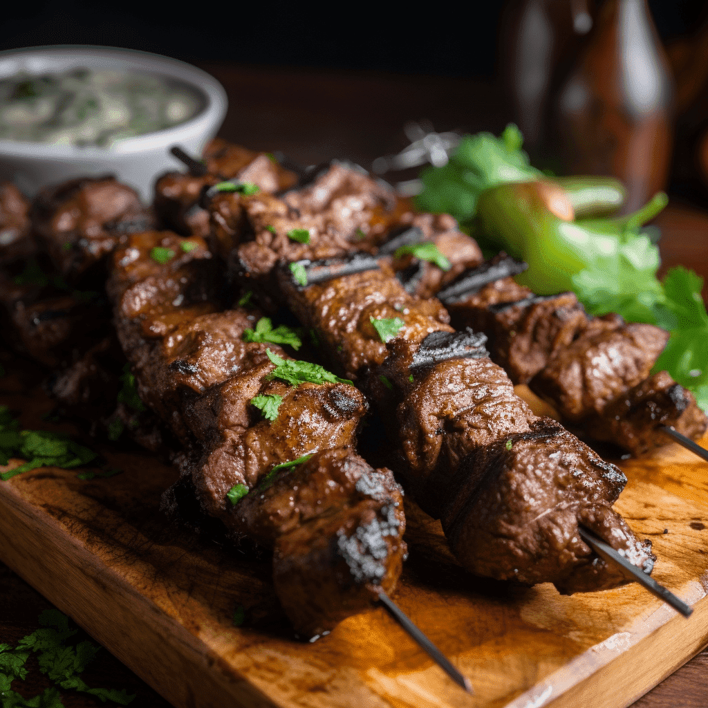 Grilled beef skewers made from premium quality meat are garnished with herbs on a wooden board, with a bowl of sauce in the background.