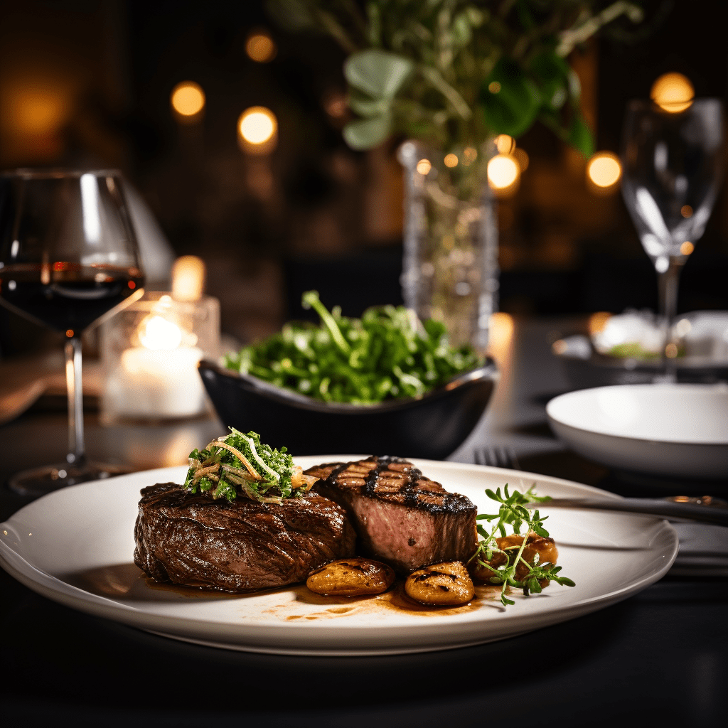 A plate with two steaks and roasted potatoes, garnished with herbs, showcases premium quality meat. A bowl of greens and glasses of red wine grace the background on a dimly lit table.