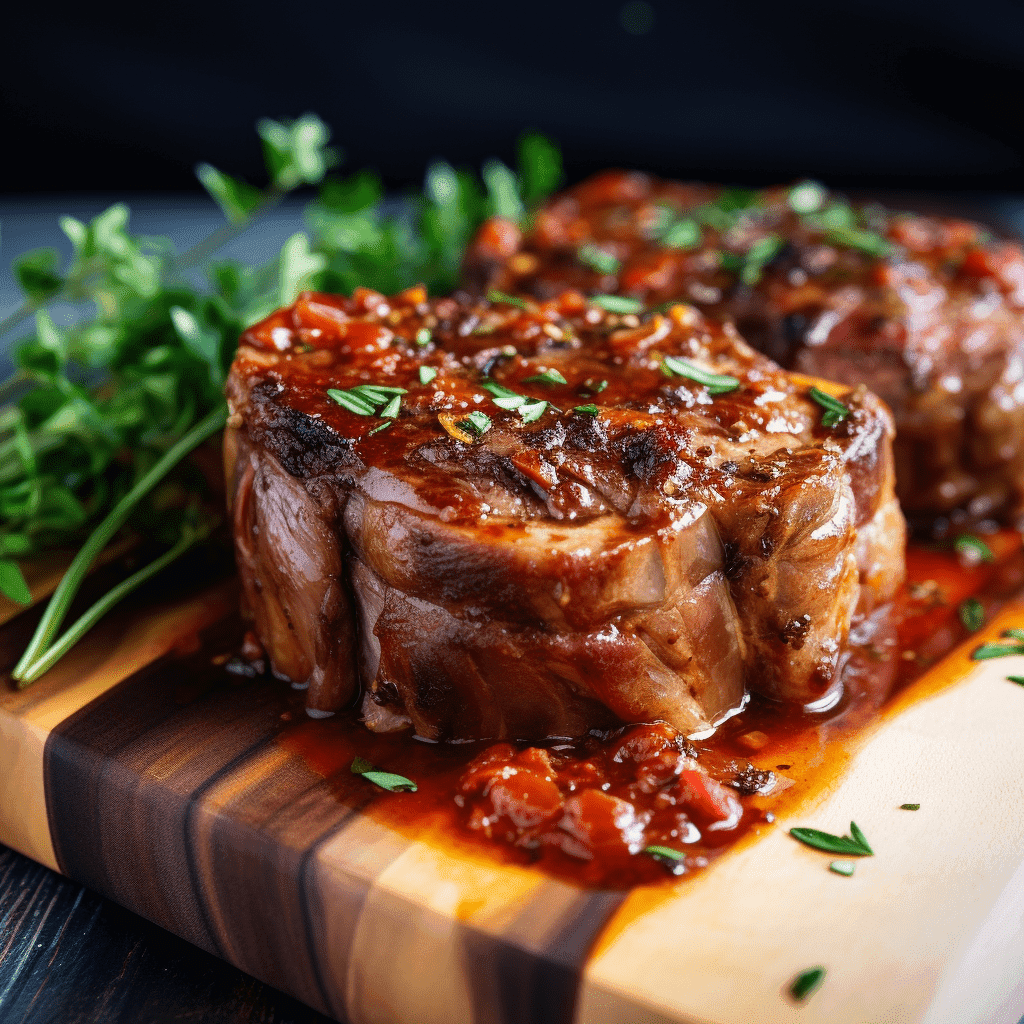 Two grilled steaks made with premium quality meat are topped with tomato sauce and herbs on a wooden board, garnished with fresh greens.