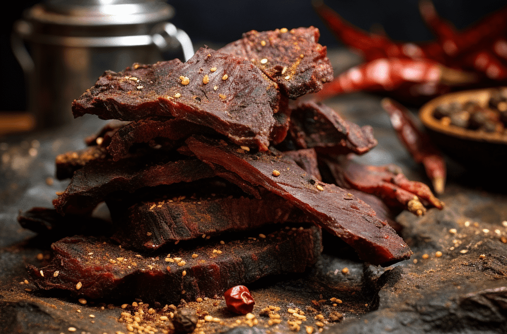 A stack of seasoned beef jerky slices rests on a dark stone surface, exuding the rich allure of premium quality meat. Scattered spices add flair while a metal container lingers in the background, making it a perfect snapshot for any shopper's guide.